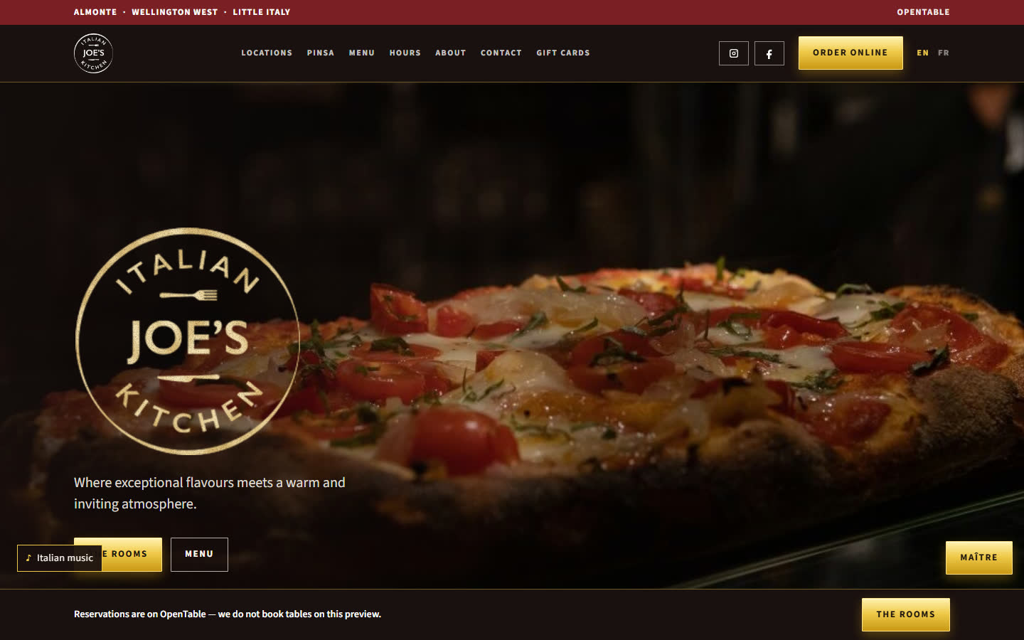 Joe's Italian Kitchen website, Ottawa
